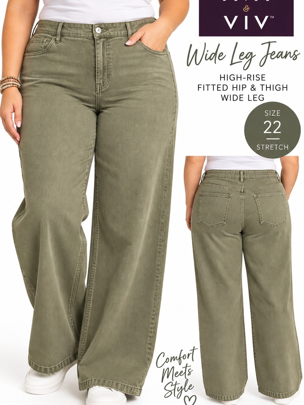 Ava & Viv Olive Green High-Rise Wide Leg Jeans